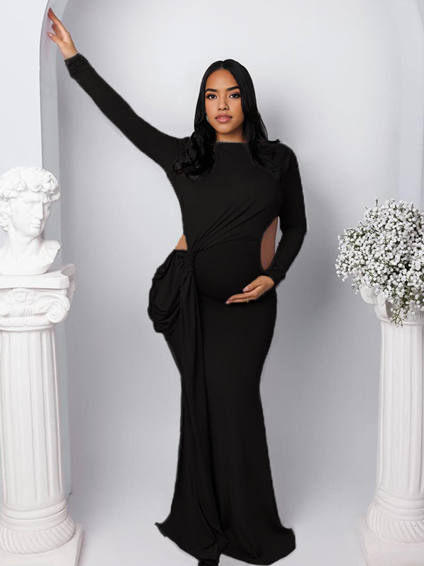 Momnfancy Cut-out Bodycon Open Back Ruched Lace-up Maternity Maxi Dress