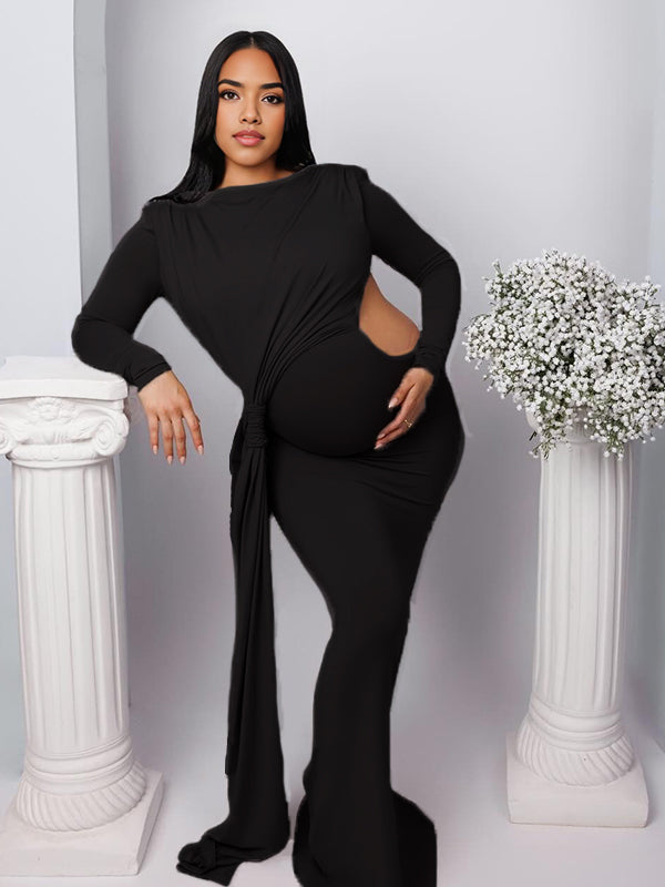 Momnfancy Cut-out Bodycon Open Back Ruched Lace-up Maternity Maxi Dress