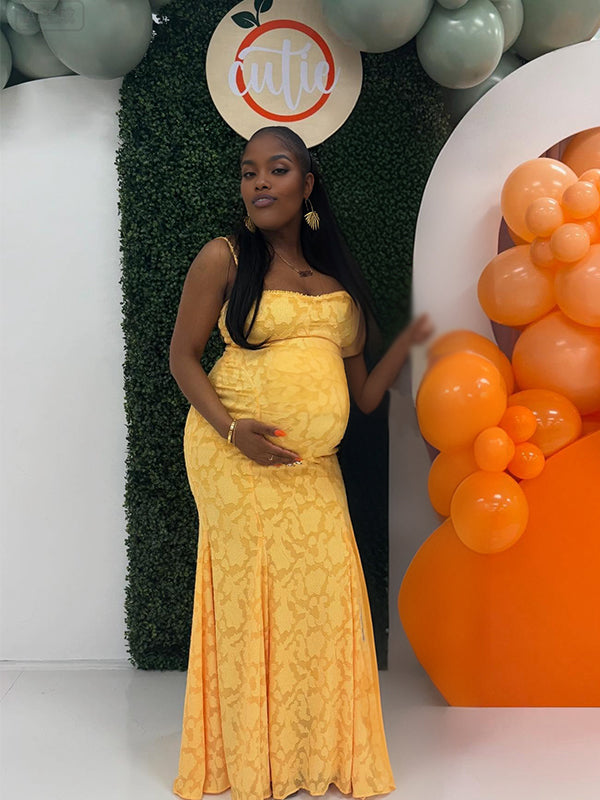 Momnfancy Print Spaghetti Strap Mermaid Open Back Maternity Maxi Dress