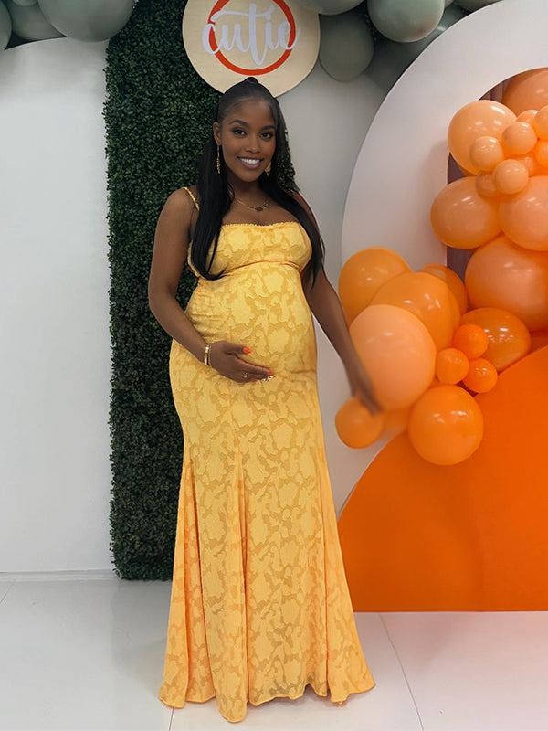 Momnfancy Print Spaghetti Strap Mermaid Open Back Maternity Maxi Dress