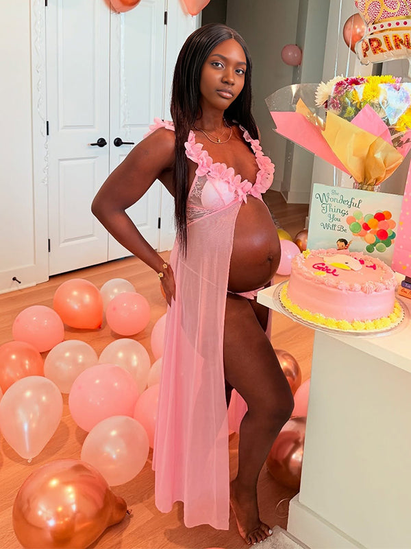 Momnfancy Spaghetti Strap Sheer Tulle Open Back Maternity Maxi Dress