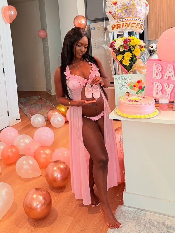 Momnfancy Spaghetti Strap Sheer Tulle Open Back Maternity Maxi Dress