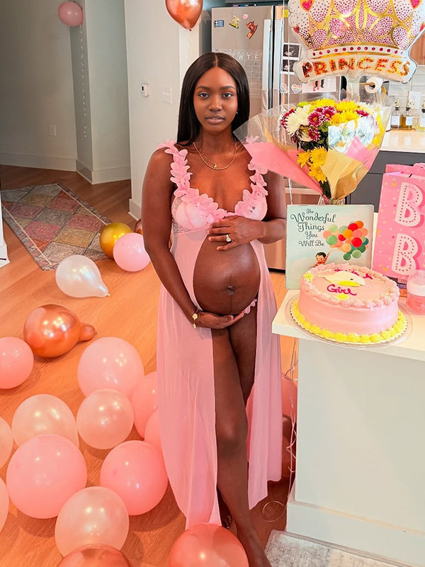 Momnfancy Spaghetti Strap Sheer Tulle Open Back Maternity Maxi Dress