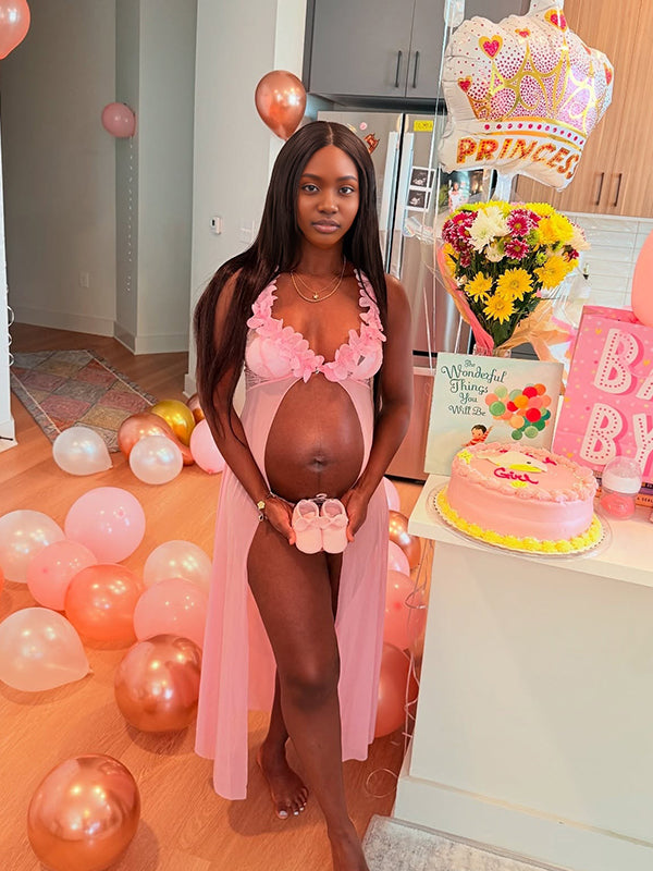 Momnfancy Spaghetti Strap Sheer Tulle Open Back Maternity Maxi Dress