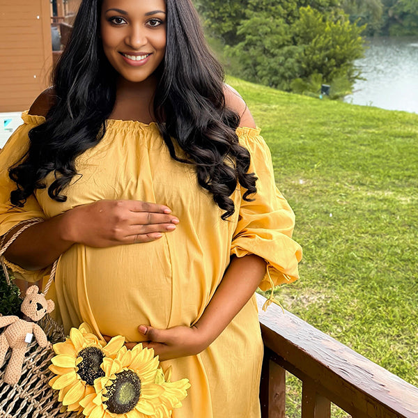 Momnfancy Boat Neck Big Swing Tightness Lace-up Maternity Maxi Dress