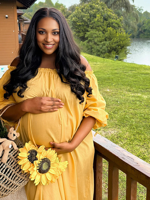 Momnfancy Boat Neck Big Swing Tightness Lace-up Maternity Maxi Dress