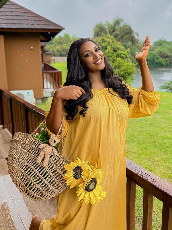 Momnfancy Boat Neck Big Swing Tightness Lace-up Maternity Maxi Dress