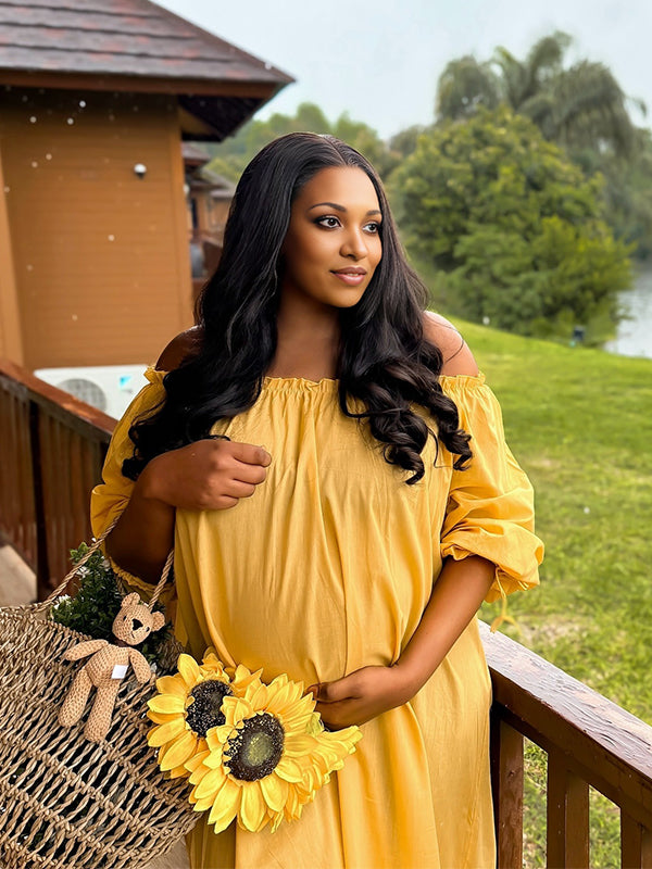 Momnfancy Boat Neck Big Swing Tightness Lace-up Maternity Maxi Dress