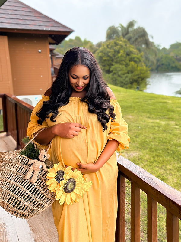 Momnfancy Boat Neck Big Swing Tightness Lace-up Maternity Maxi Dress