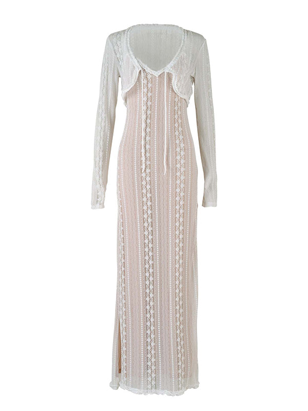 Momnfancy Cardigan Print Mermaid Lace Lace-up Maternity Maxi Dress