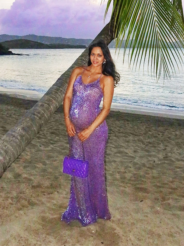 Momnfancy Spaghetti Strap Mermaid Open Back Sparkly Maternity Maxi Dress