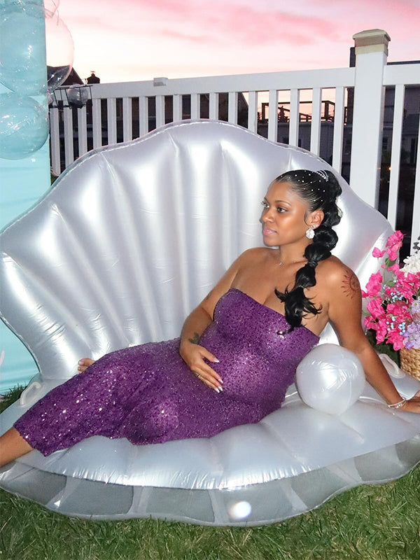 Momnfancy Spaghetti Strap Mermaid Open Back Sparkly Maternity Maxi Dress