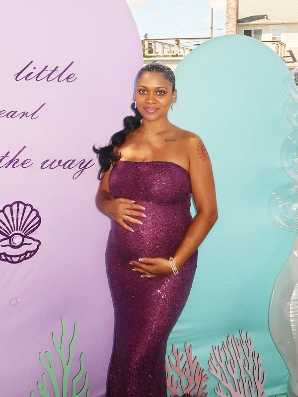 Momnfancy Tube Top Open Back Sparkly Mermaid Maternity Maxi Dress
