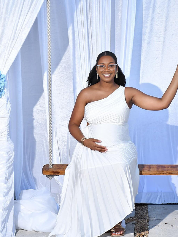 Momnfancy Ruched Bodycon Oblique Shoulder Cut-out Maternity Maxi Dress