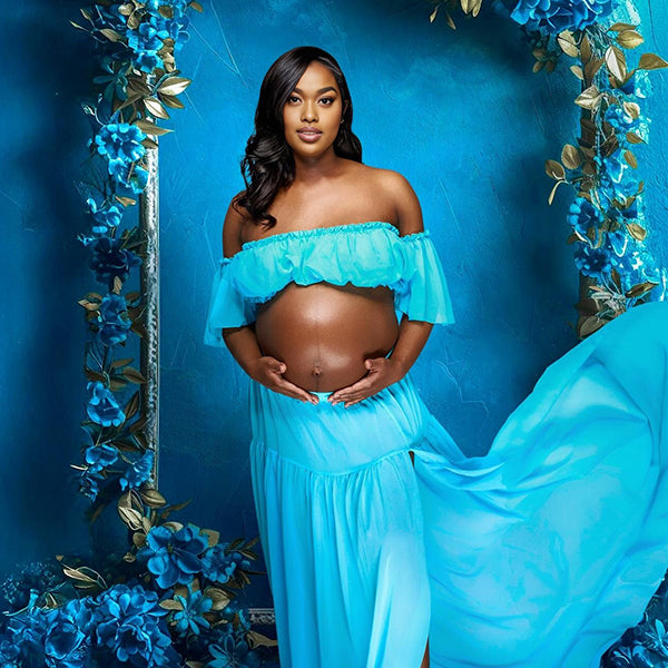 Momnfancy 2-in-1 Boat Neck Side Slit Trailing Maternity Maxi Dress