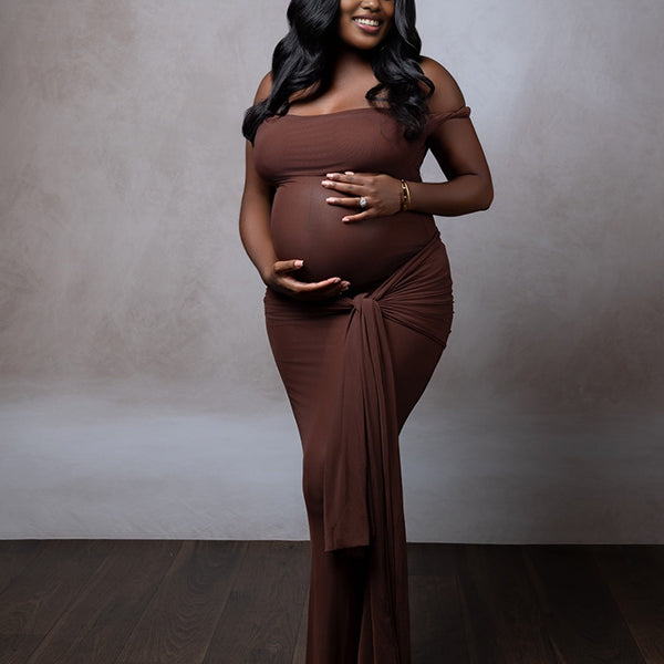 Momnfancy Boat Neck Twist Off-shoulder Ruched Bodycon Maternity Maxi Dress