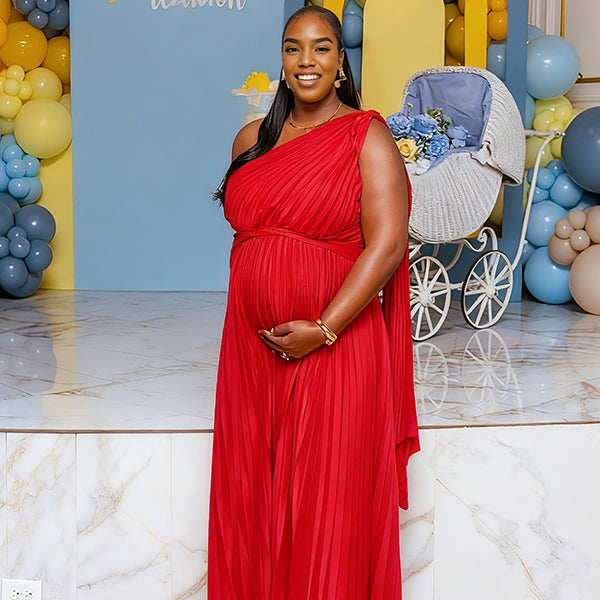 Momnfancy One Shoulder Pleated Irregular Evening Gowns Baby Shower Plus Size Maternity Maxi Dress