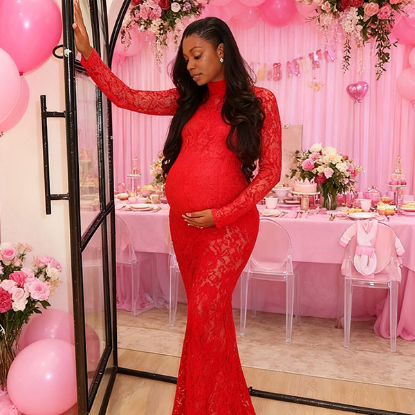 Momnfancy Lace Mermaid Splicing Bodycon Print Baby Shower Maternity Maxi Dress