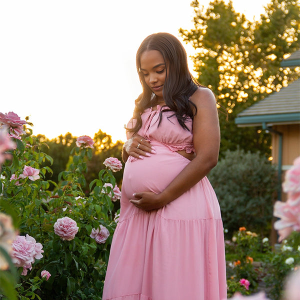 Momnfancy Spaghetti Strap Cut-out Splicing Photoshoot Maternity Maxi Dress