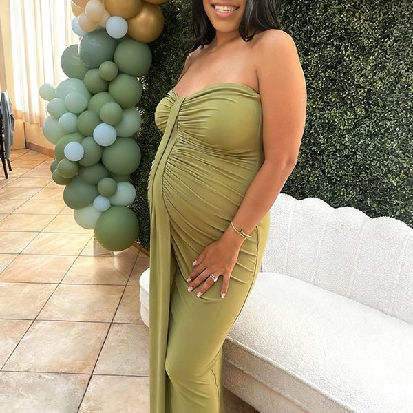 Momnfancy Tube Top Bodycon Ruched Ribbon Baby Shower Maternity Maxi Dress