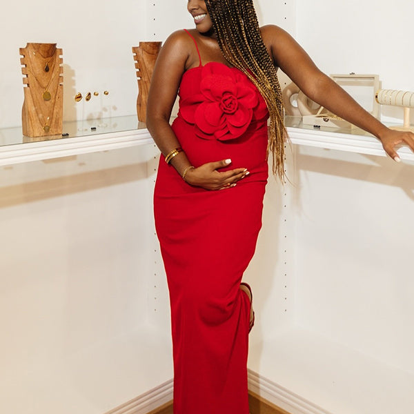 Momnfancy Spaghetti Strap 3D-flowers Bodycon Evening Gowns Baby Shower Maternity Maxi Dress