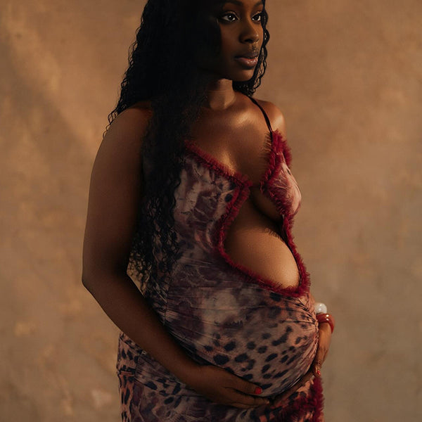 Momnfancy Spaghetti Strap Cut-out Side Slit Floral Photoshoot Maternity Maxi Dress
