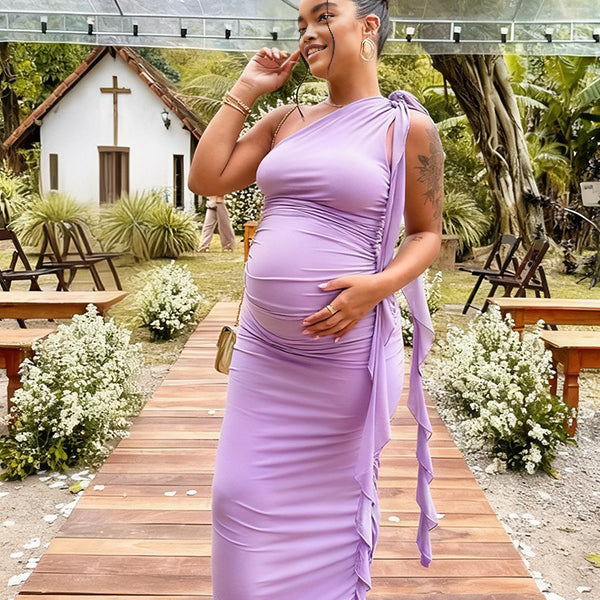 Momnfancy Halter Neck Ribbon Bodycon Ruched Baby Shower Maternity Maxi Dress