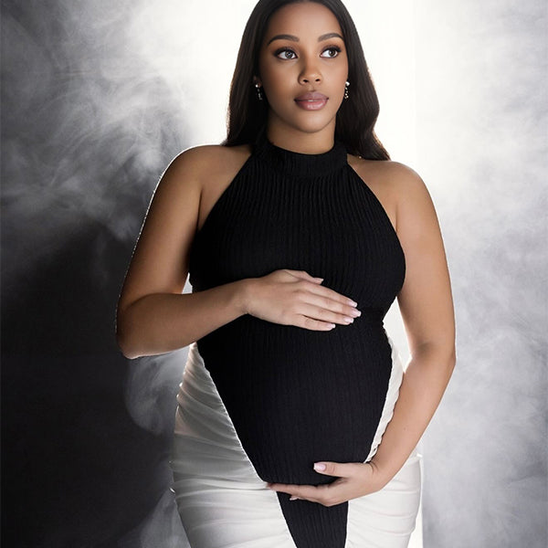 Momnfancy Hit Color Splicing Ruched Waist-cinching Photoshoot Maternity Maxi Dress
