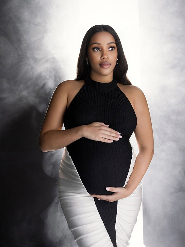 Momnfancy Hit Color Splicing Ruched Waist-cinching Photoshoot Maternity Maxi Dress