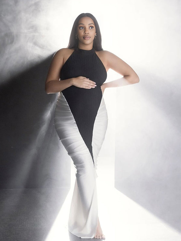 Momnfancy Hit Color Splicing Ruched Waist-cinching Photoshoot Maternity Maxi Dress