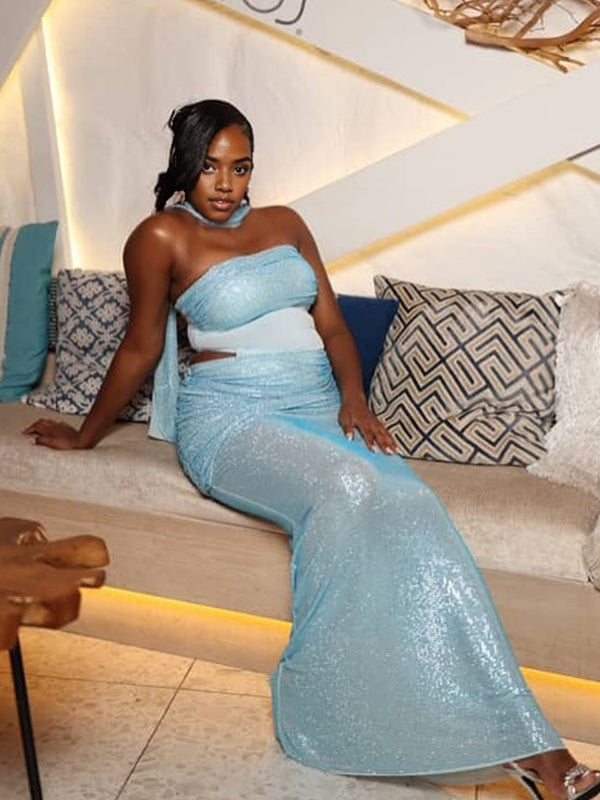 Momnfancy Halter Neck Sheer Sparkly Mermaid Baby Shower Maternity Maxi Dress