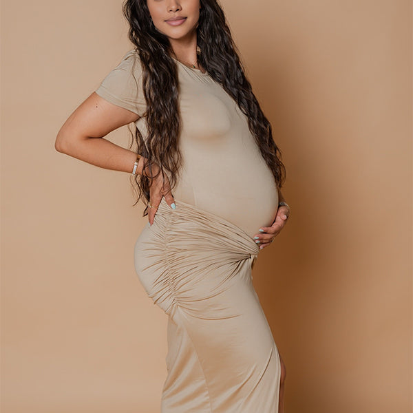 Momnfancy Ruched Ribbon Bodycon Lace-up Mermaid Photoshoot Maternity Maxi Dress
