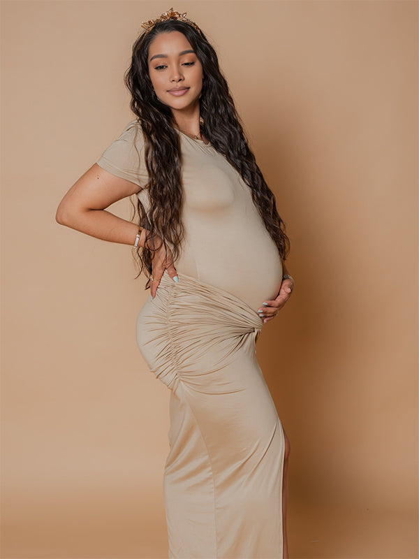 Momnfancy Ruched Ribbon Bodycon Lace-up Mermaid Photoshoot Maternity Maxi Dress