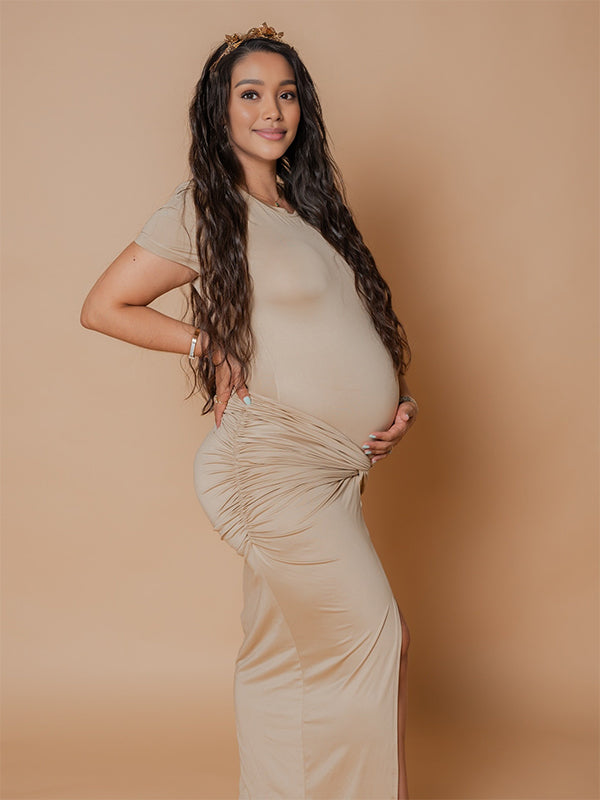 Momnfancy Ruched Ribbon Bodycon Lace-up Mermaid Photoshoot Maternity Maxi Dress