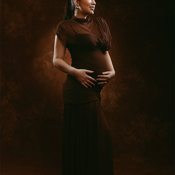 Momnfancy Sheer Ruched Tulle Splicing Waist-cinching Photoshoot Maternity Maxi Dress