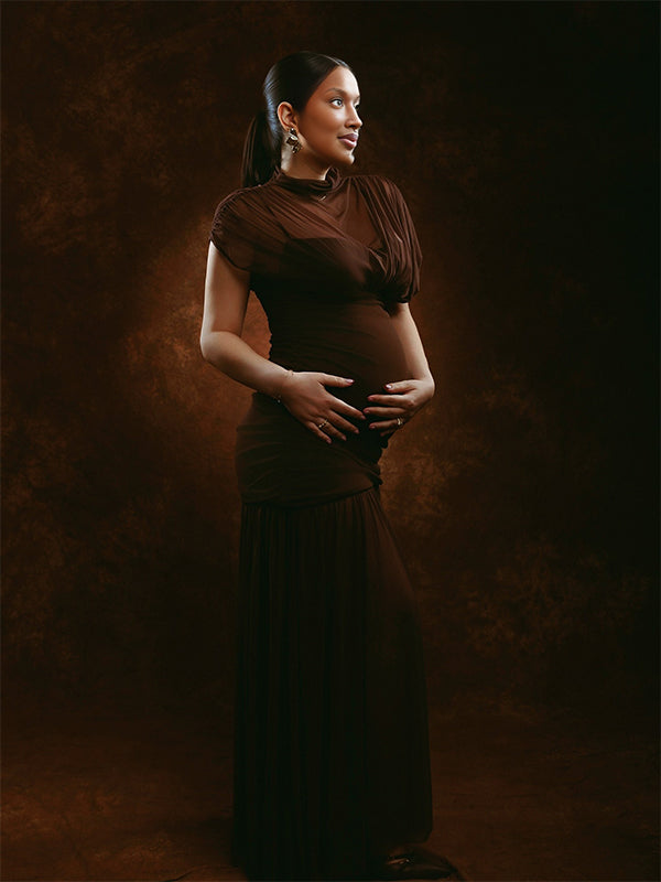 Momnfancy Sheer Ruched Tulle Splicing Waist-cinching Photoshoot Maternity Maxi Dress