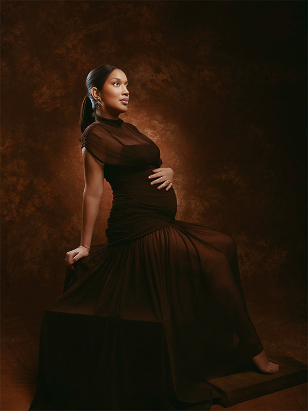 Momnfancy Sheer Ruched Tulle Splicing Waist-cinching Photoshoot Maternity Maxi Dress