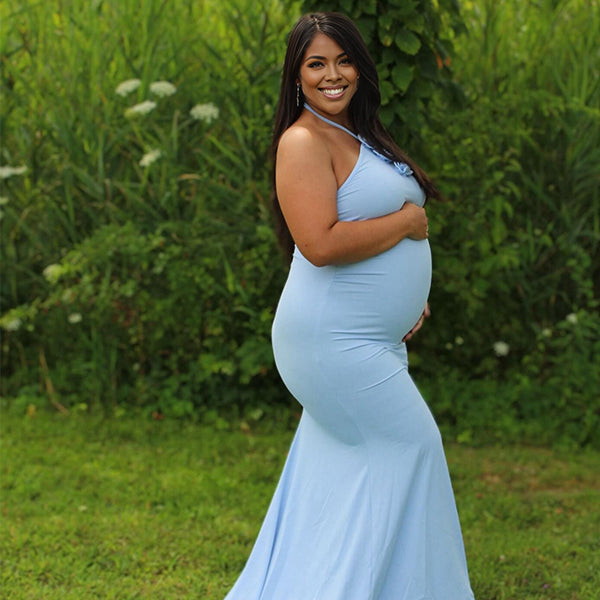 Momnfancy Halter Neck 3D-flowers Open Back Trailing Photoshoot Maternity Maxi Dress