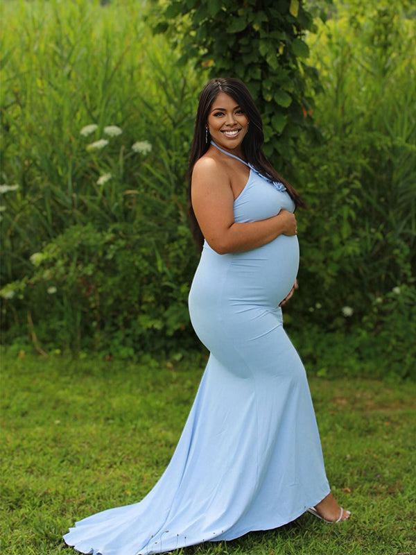 Momnfancy Halter Neck 3D-flowers Open Back Trailing Photoshoot Maternity Maxi Dress