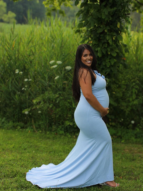 Momnfancy Halter Neck 3D-flowers Open Back Trailing Photoshoot Maternity Maxi Dress
