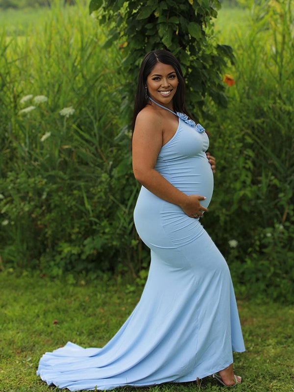 Momnfancy Halter Neck 3D-flowers Open Back Trailing Photoshoot Maternity Maxi Dress