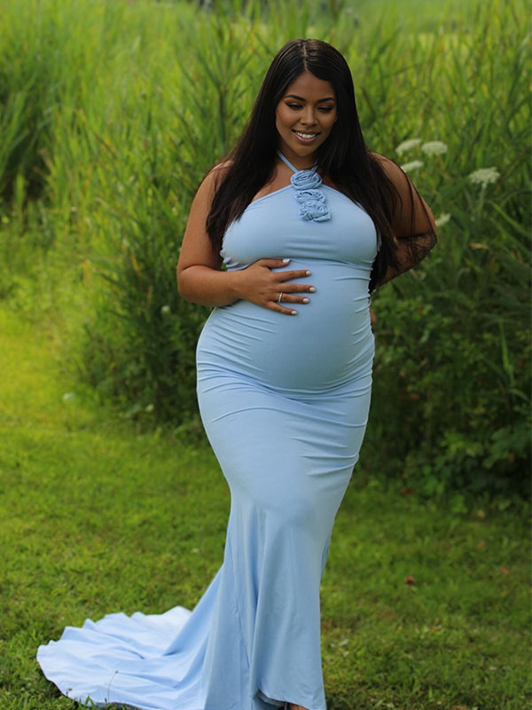 Momnfancy Halter Neck 3D-flowers Open Back Trailing Photoshoot Maternity Maxi Dress
