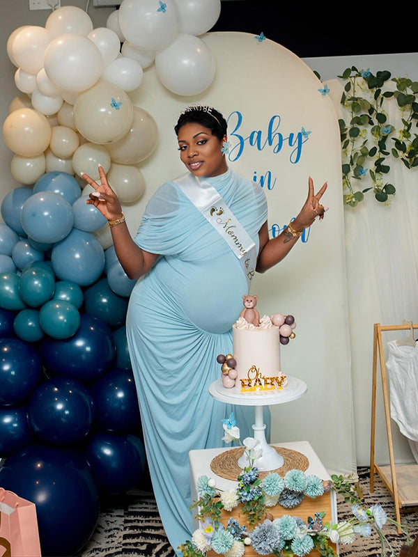 Momnfancy Oblique Shoulder Ruched Waist-cinching Baby Shower Maternity Maxi Dress