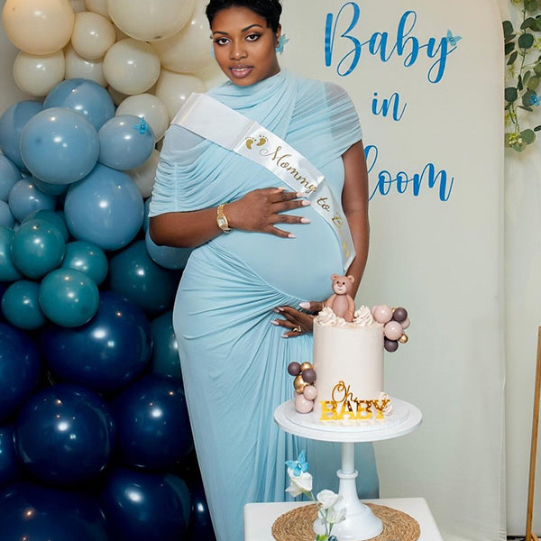 Momnfancy Oblique Shoulder Ruched Waist-cinching Baby Shower Maternity Maxi Dress