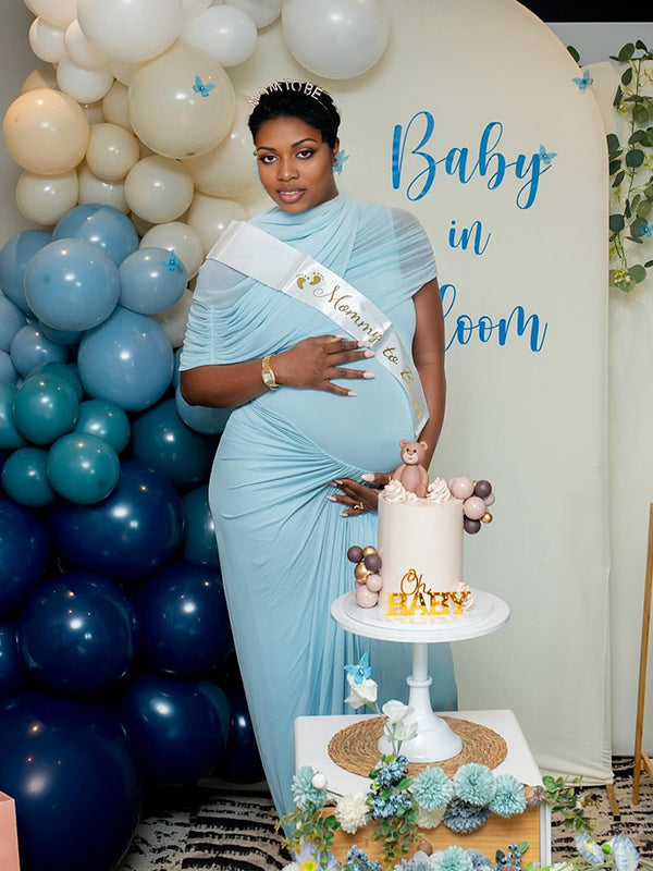 Momnfancy Oblique Shoulder Ruched Waist-cinching Baby Shower Maternity Maxi Dress