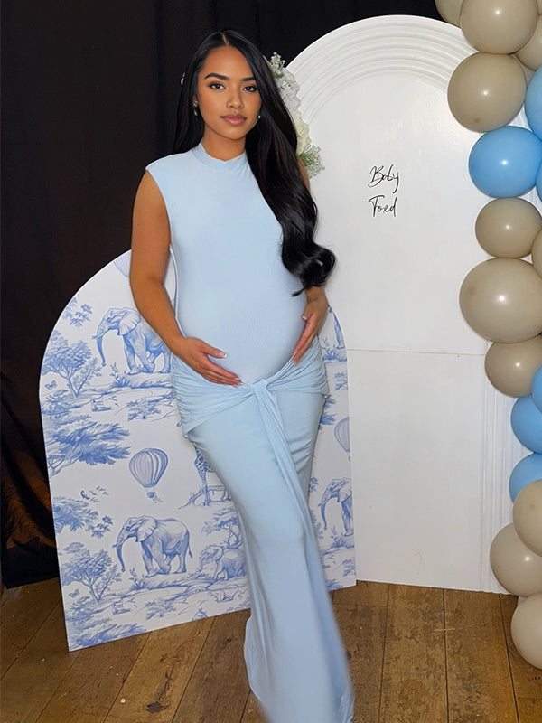 Momnfancy Band Collar Ribbon Splicing Mermaid Evening Gowns Photoshoot Maternity Maxi Dress