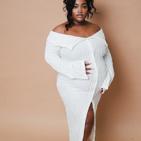 Momnfancy White Off Shoulder Ruched Single Breasted Bodycon Long Sleeve Photoshoot Maternity Maxi Dress