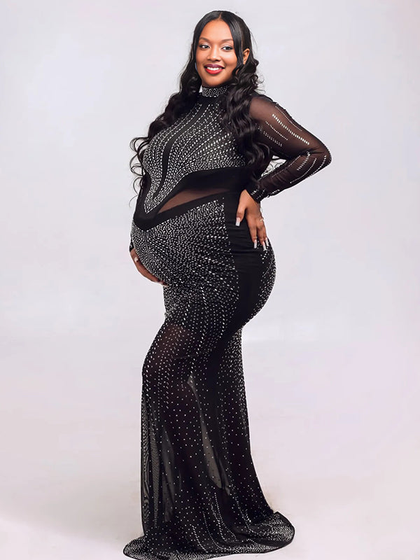 Momnfancy Black Diamond Sheer Mesh Bodycon Mermaid Evening Gown Long Sleeve Photoshoot Maternity Maxi Dress