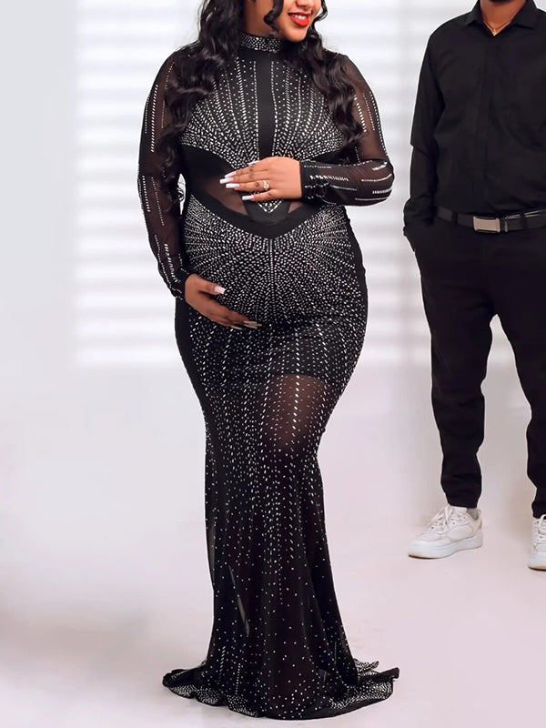 Momnfancy Black Diamond Sheer Mesh Bodycon Mermaid Evening Gown Long Sleeve Photoshoot Maternity Maxi Dress