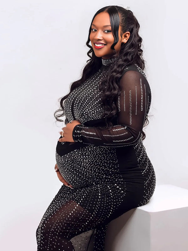 Momnfancy Black Diamond Sheer Mesh Bodycon Mermaid Evening Gown Long Sleeve Photoshoot Maternity Maxi Dress